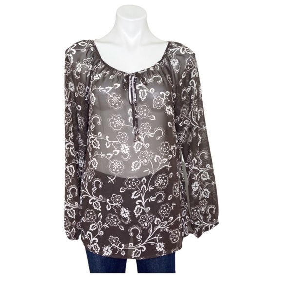 LOFT Tops - NWT Ann Taylor Loft Sheer Top Blouse Brown & White Floral Print Sz 10